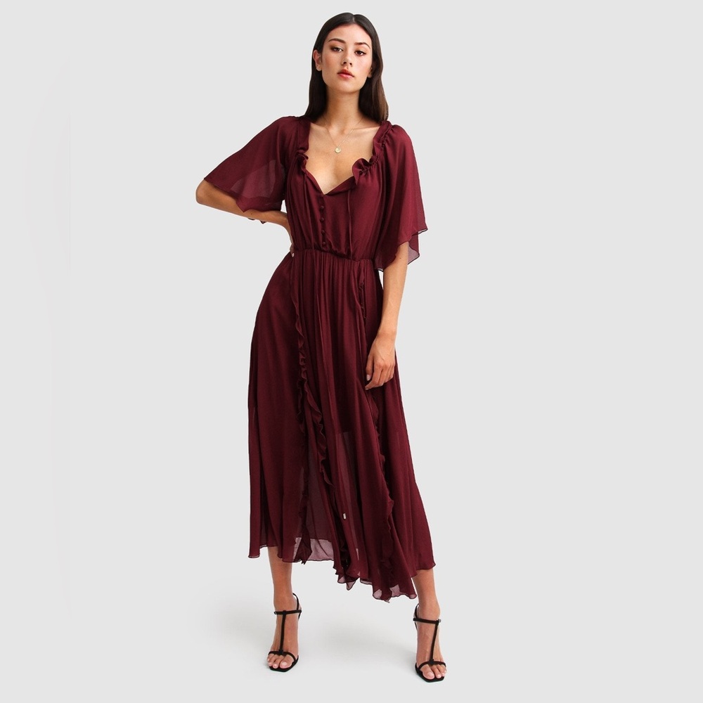 belle & bloom Amour Amour Ruffled Midi Dress - Burgundy
